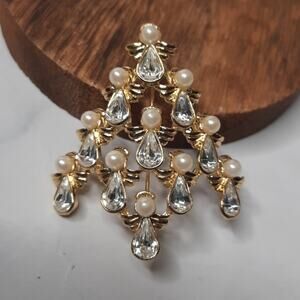 Tree of Angels Brooch Pin Clear Crystal Faux Pearl Gold Tone